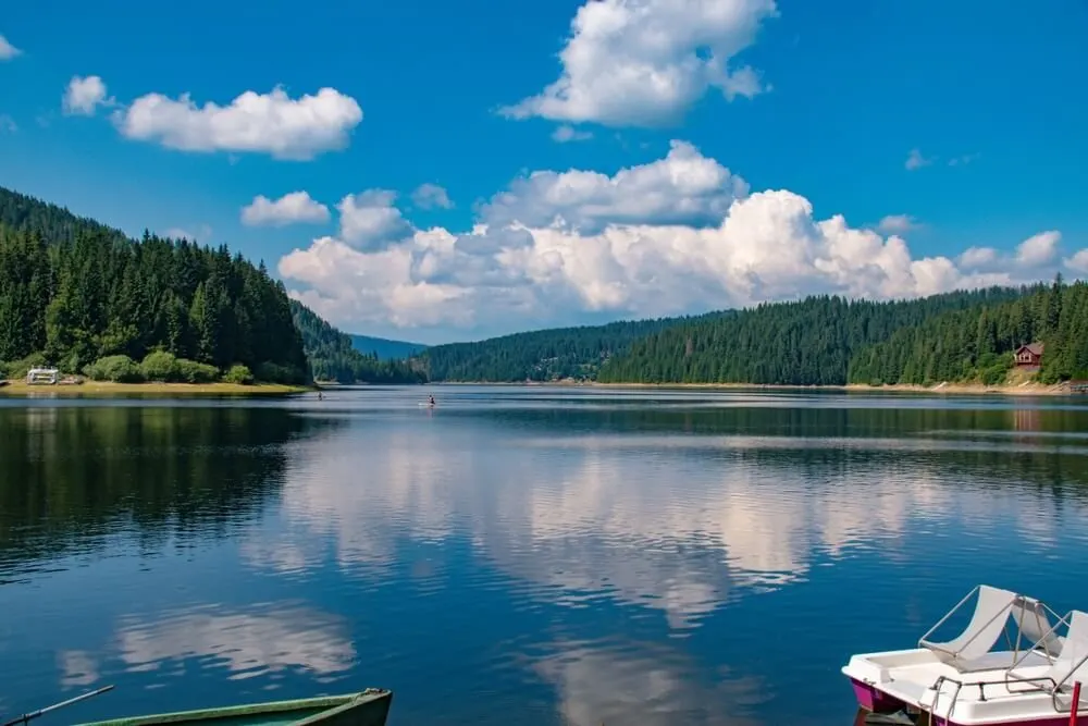 Beliș–Fântânele Lake, surrounded by conifer forests in the Apuseni Mountains